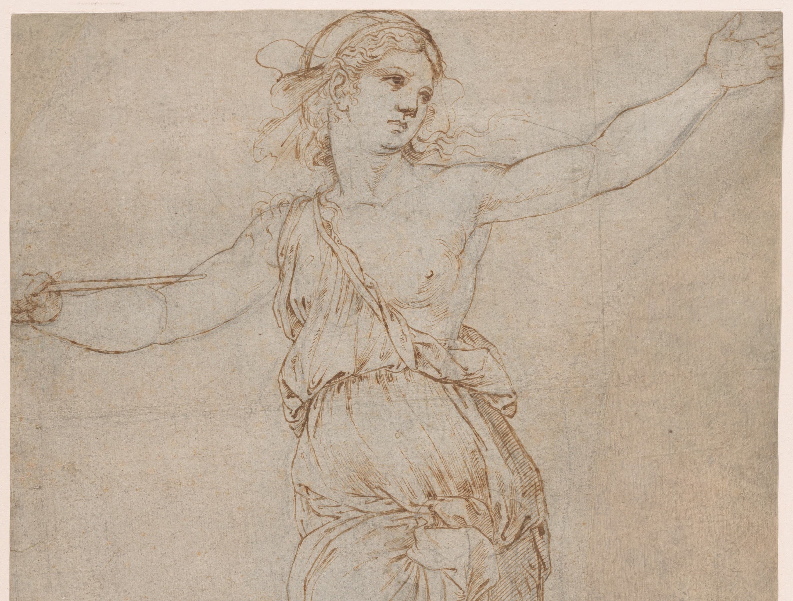 A delicate brown ink drawing of a female figure in Ancient Greek or Roman dress with her hands outstretched.
