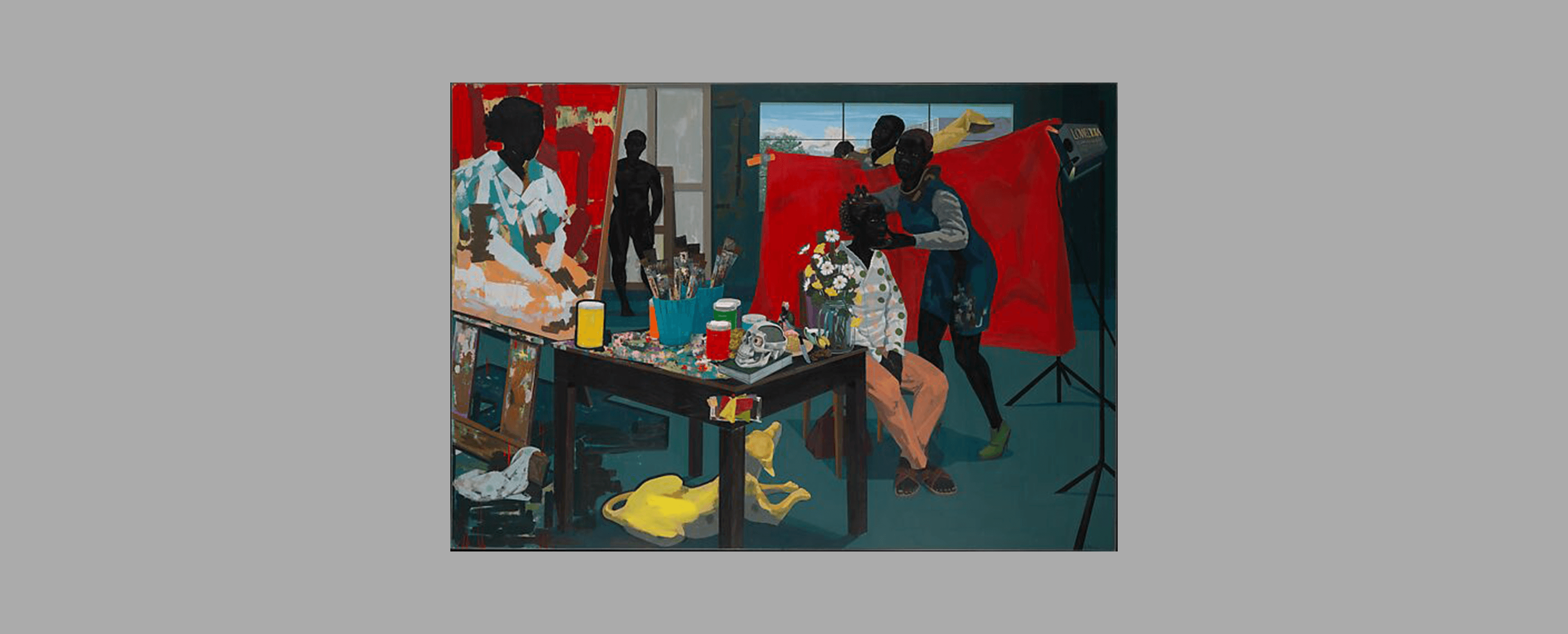 A snapshot of a moment in time inside an artists studio. This painting is colorful and energetic, with a model being posed as a painter gets ready.