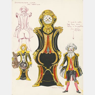 Concept art for the character Cogworth from "Beauty and the Beast", an anamorphic French Rococo clock