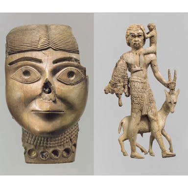 Composite photo; Left: sculpture of face against grey background; Right: Sculpture of person standing with animal against grey background
