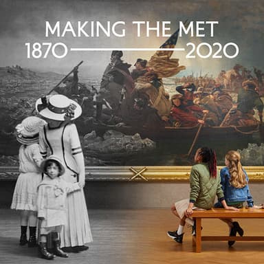 Edited photograph of people looking at a painting in a gallery, one side in black and white, one side in color, with the words "Making The Met 1870-2020" on the top of the image