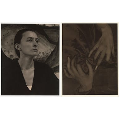 Composite photo; Left: Photograph of woman with hat and black shirt looking to the right; Right: Photograph of two hands
