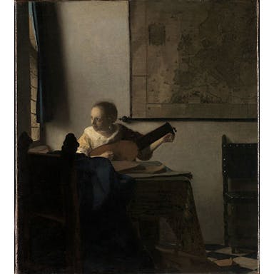 Painting of person holding a lute looking out a window