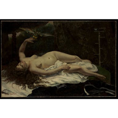 Painting of nude woman lying on fabric against dark background