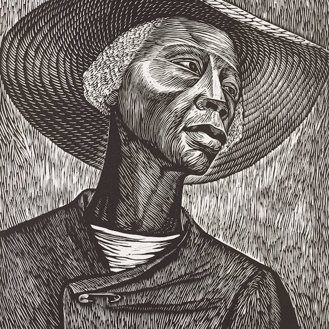 Print rendered in visible uniform lines of a 2/3 bust view of a dark-skinned mature woman looking to her left in a wide brim hat, a safety pin securing her black jacket. The portrait is rendered in black and white.