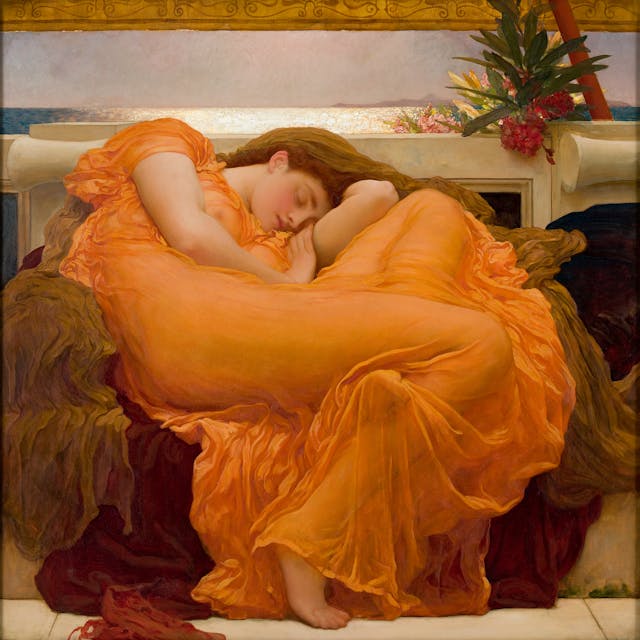 Flaming June by Frederic Leighton: A woman with a bright orange dress is at the center of the frame. Her head is resting on her arm with her legs folded up.