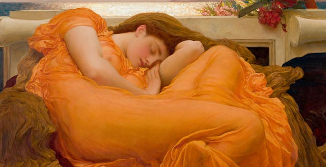 Flaming June by Frederic Leighton: A woman with a bright orange dress is at the center of the frame. Her head is resting on her arm with her legs folded up.