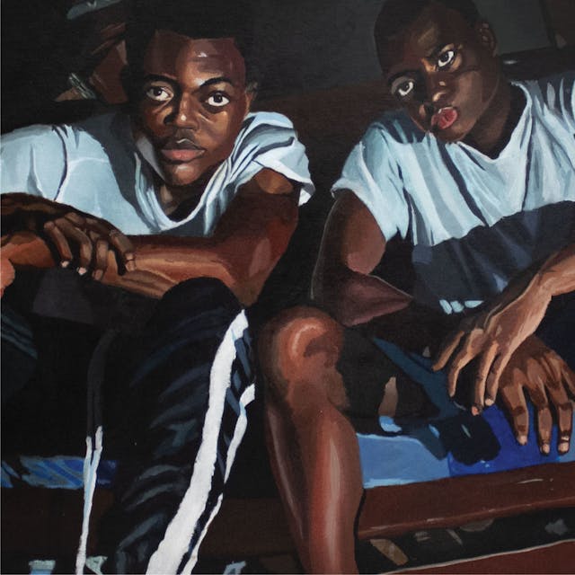 Acrylic painting of two young dark-skinned men sitting down looking towards the viewer. They are wearing white t-shirts.