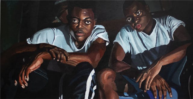 Acrylic painting of two young dark-skinned men sitting down looking towards the viewer. They are wearing white t-shirts.