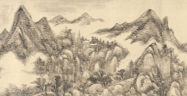 Landscape of mountains, trees and clouds drawn with ink on hand scroll paper