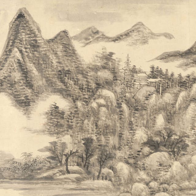 Landscape of mountains, trees and clouds drawn with ink on hand scroll paper