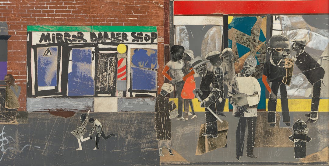 collage of a harlem block with two buildings. A jazz band plays and children also play on the street. 