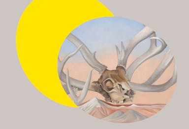 Detail from Georgia O'Keeffe's "From the Faraway, Nearby," superimposed on top of a yellow oval with a gray background