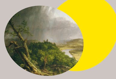 A detail from Thomas Cole's landscape painting "The Oxbow" set against a bright yellow ovular spotlight shape in the background.