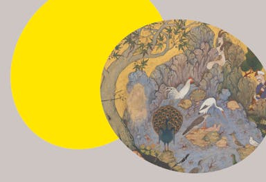Detail of "The Conference of the Birds" illuminated manuscript, superimposed on top of a yellow oval with a gray background