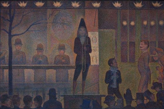 George Seurat's Circus Sideshow (Parade de cirque) with musicians performing for a crowd at night