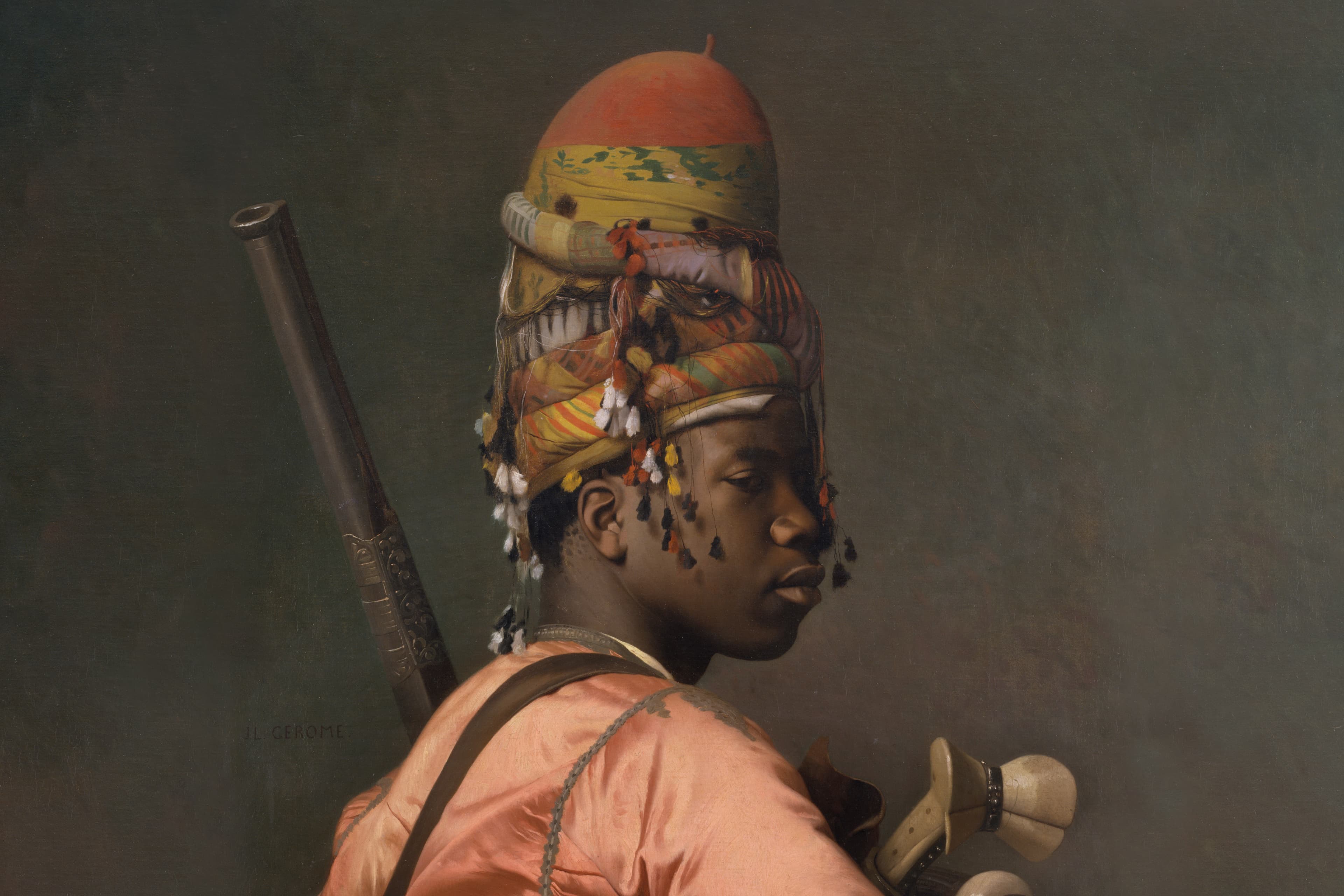 A painting of a person wearing an elaborate, colorful hat with tassels, set against a dark background.