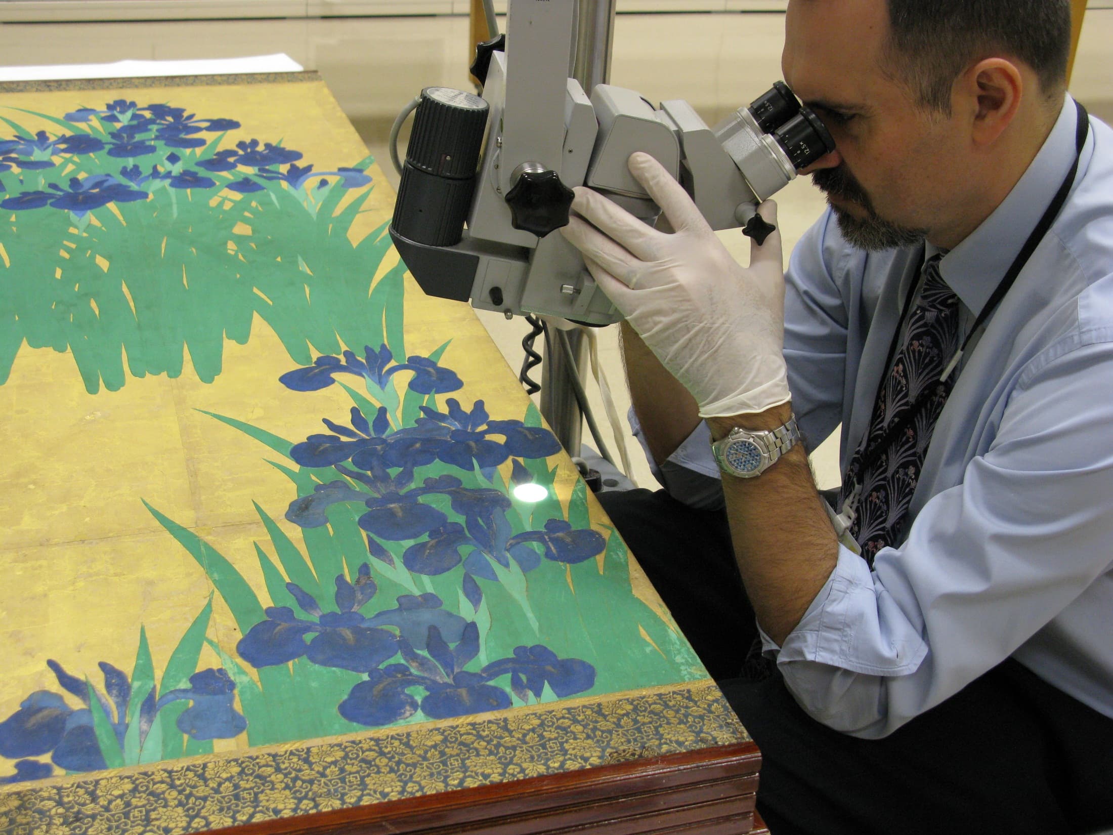 A man wearing gloves looks through a microscope at an artwork featuring blue irises on a yellow background. There is a white light shining on the art from the microscope.
