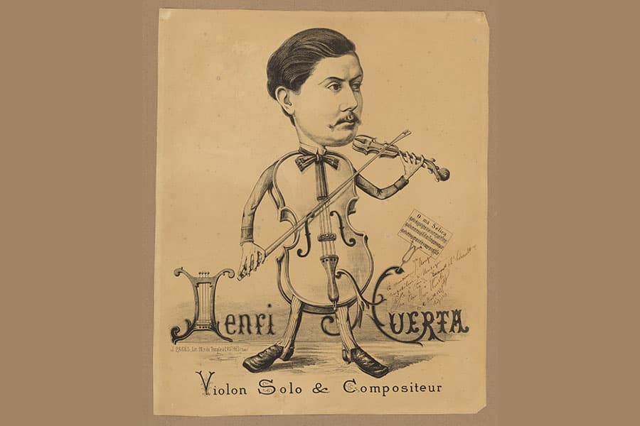 A black and white drawing of a violinist fiercely playing his instrument.