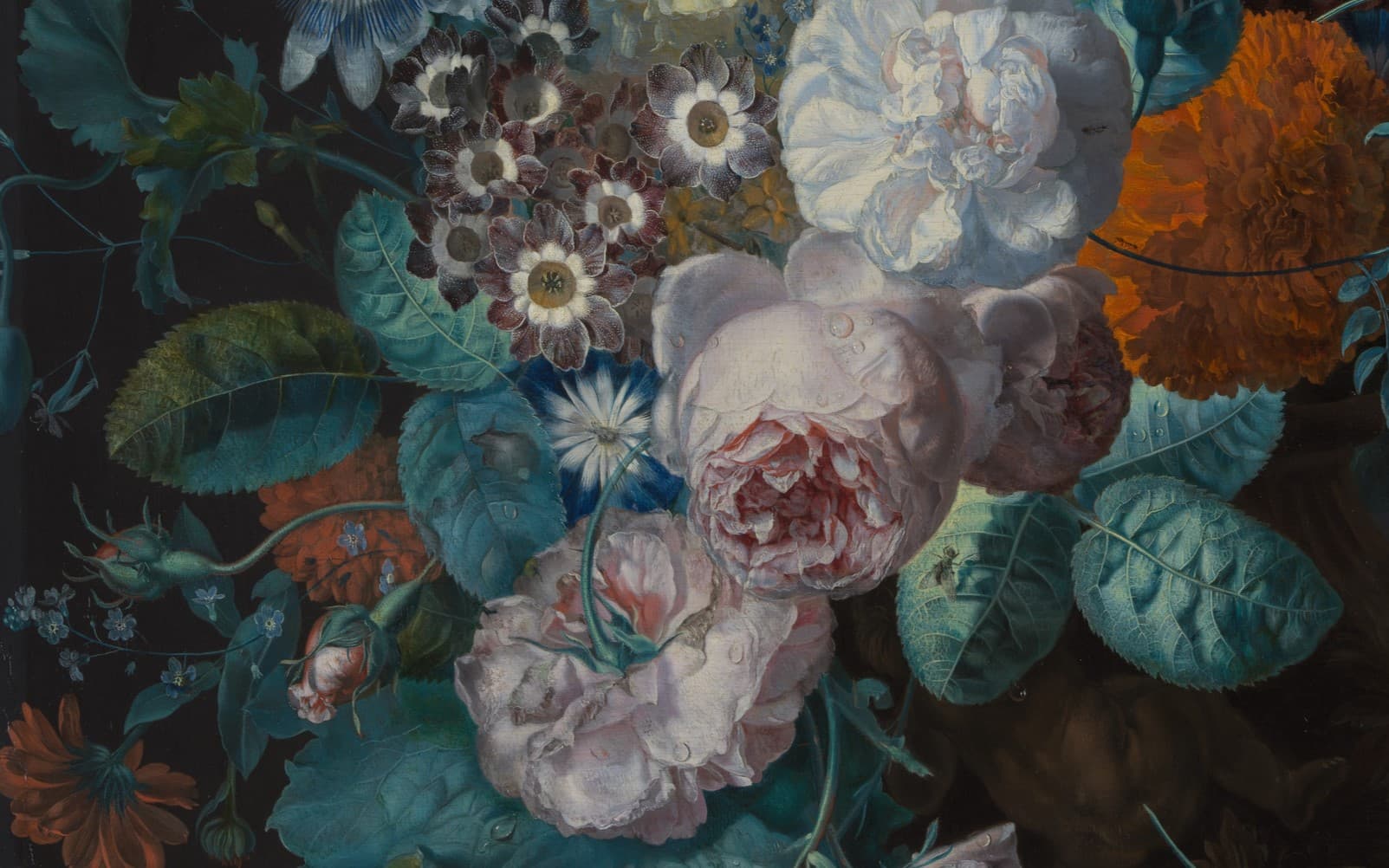 A detail from a painting of a vase filled with pink, red, and blue flowers.