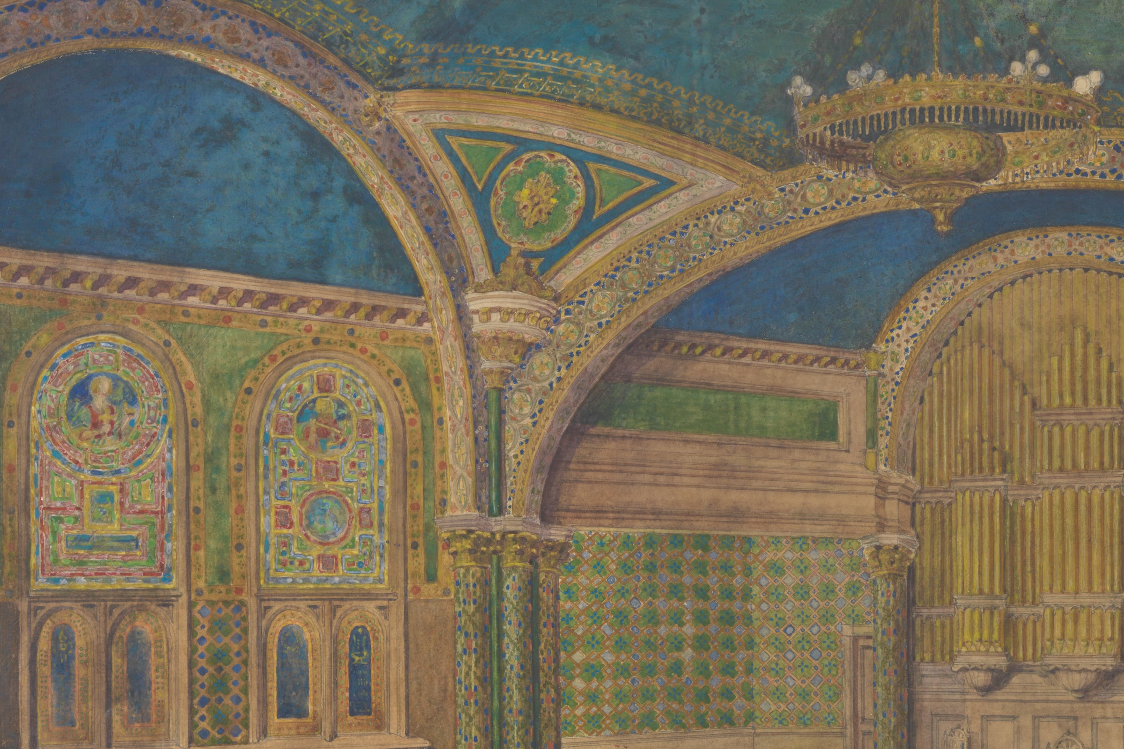 Watercolor painting of an interior space with arched ceilings and decorative details in blue, green, and gold.