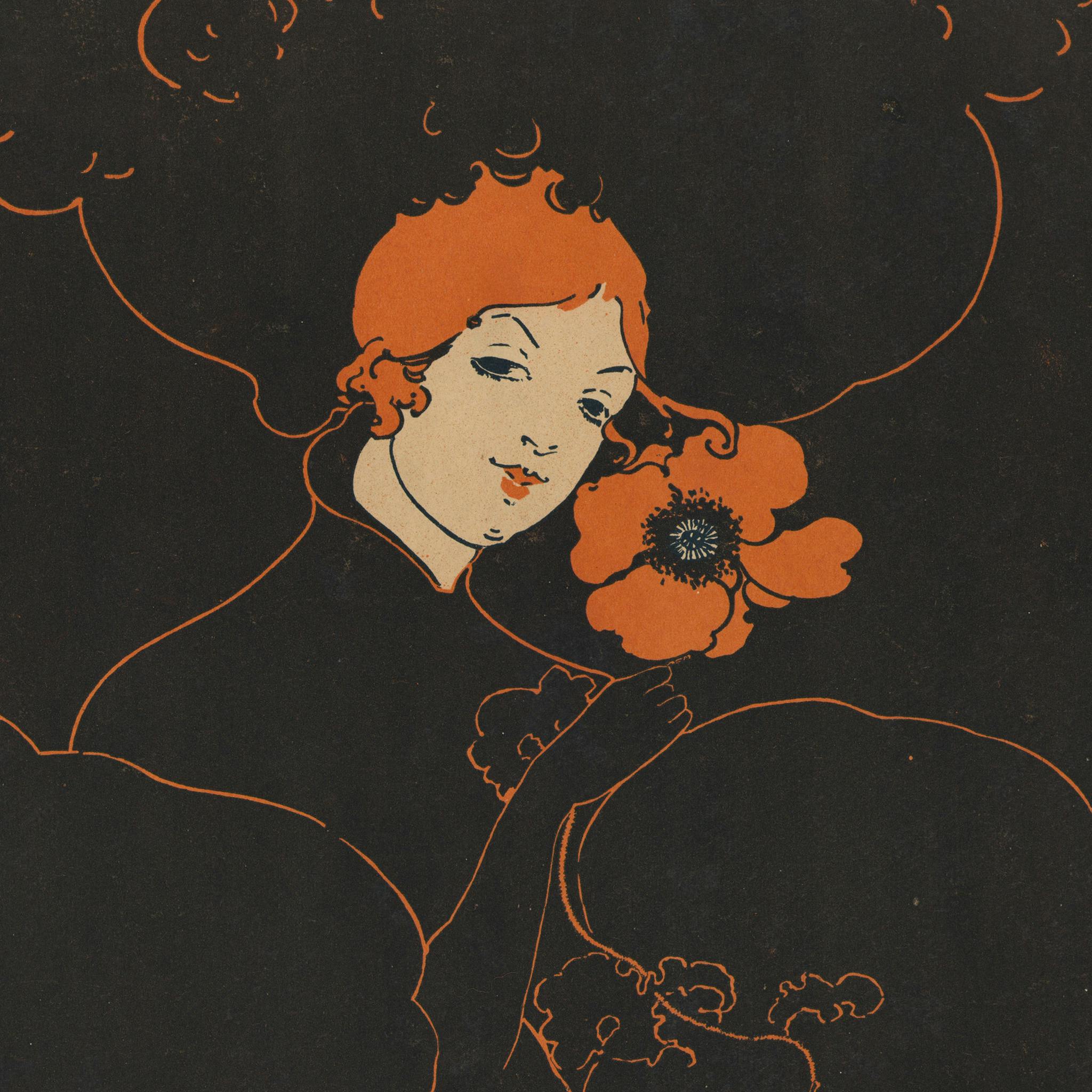 Printed graphic image of a white woman seductively holding a poppy flower. The Woman and the peony are an orange color and the background of the image is black and the woman's dress and hat are created just using orange outlines.