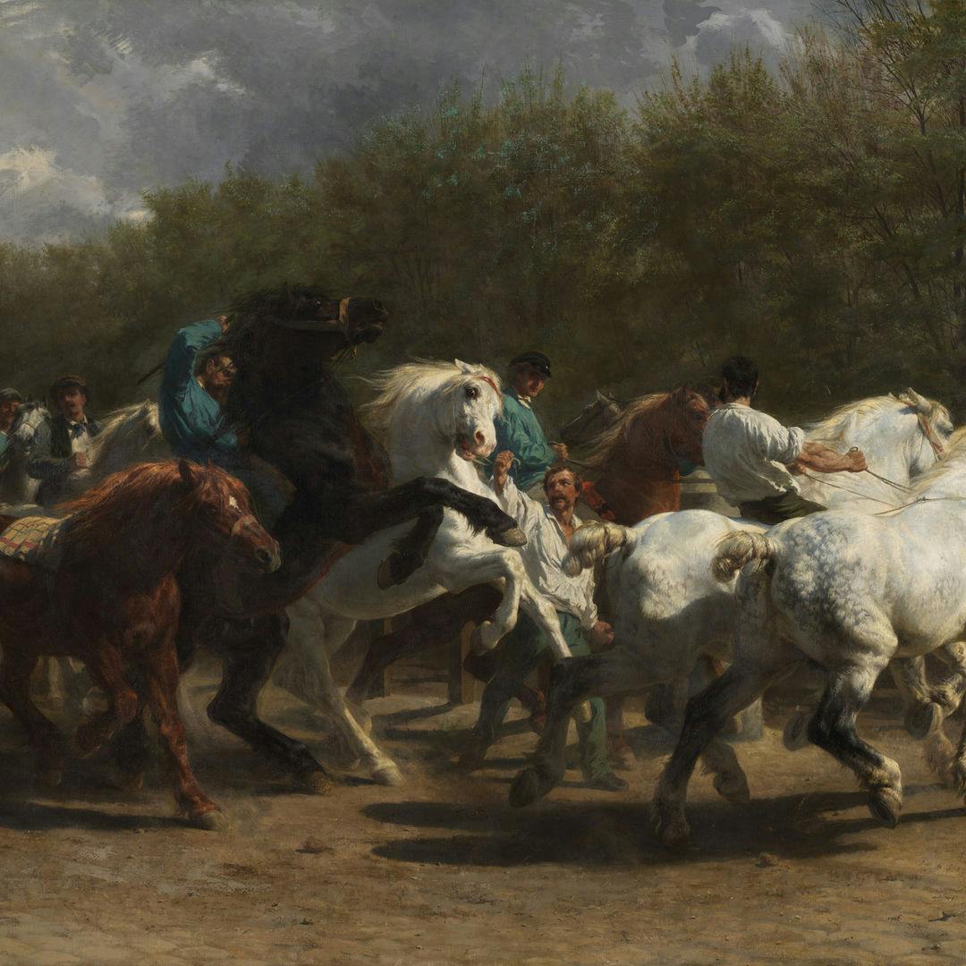 Detail of Rosa Bonheur’s painting titled “The Horse Fair” featuring a group of lively horses at an outdoor market in Paris.