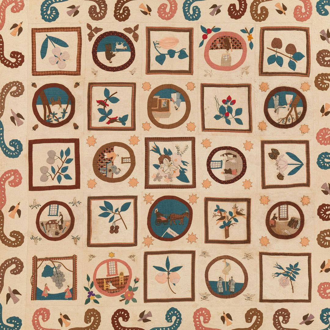 Detail of a quilt by Emma Civey Stahl depicting various floral designs and scenes of life during the Civil War in square and circular vignettes.