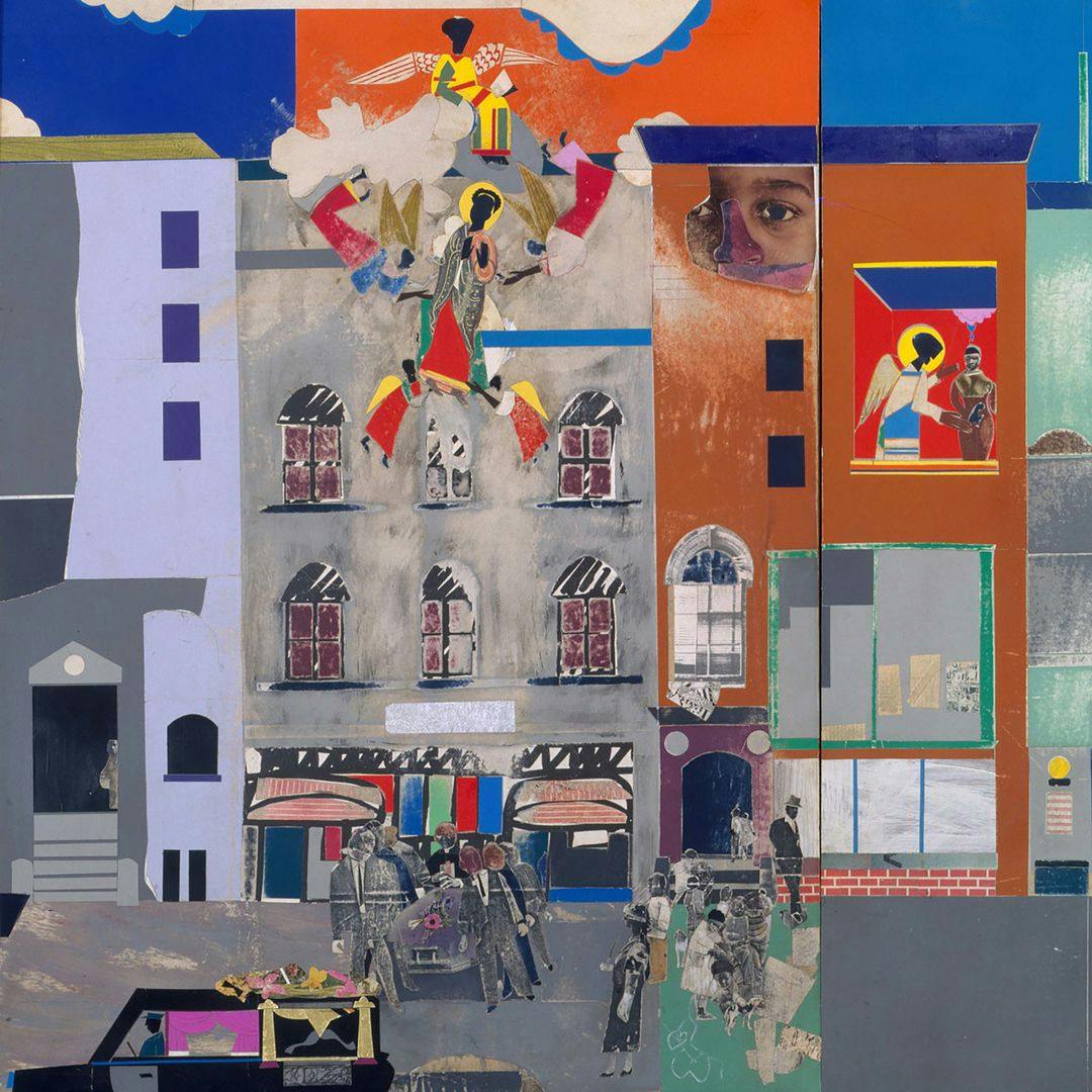Detail of Romare Bearden's "The Block,"  a collage of diverse elements including urban scenes, portraits, and abstract shapes in a vibrant composition.