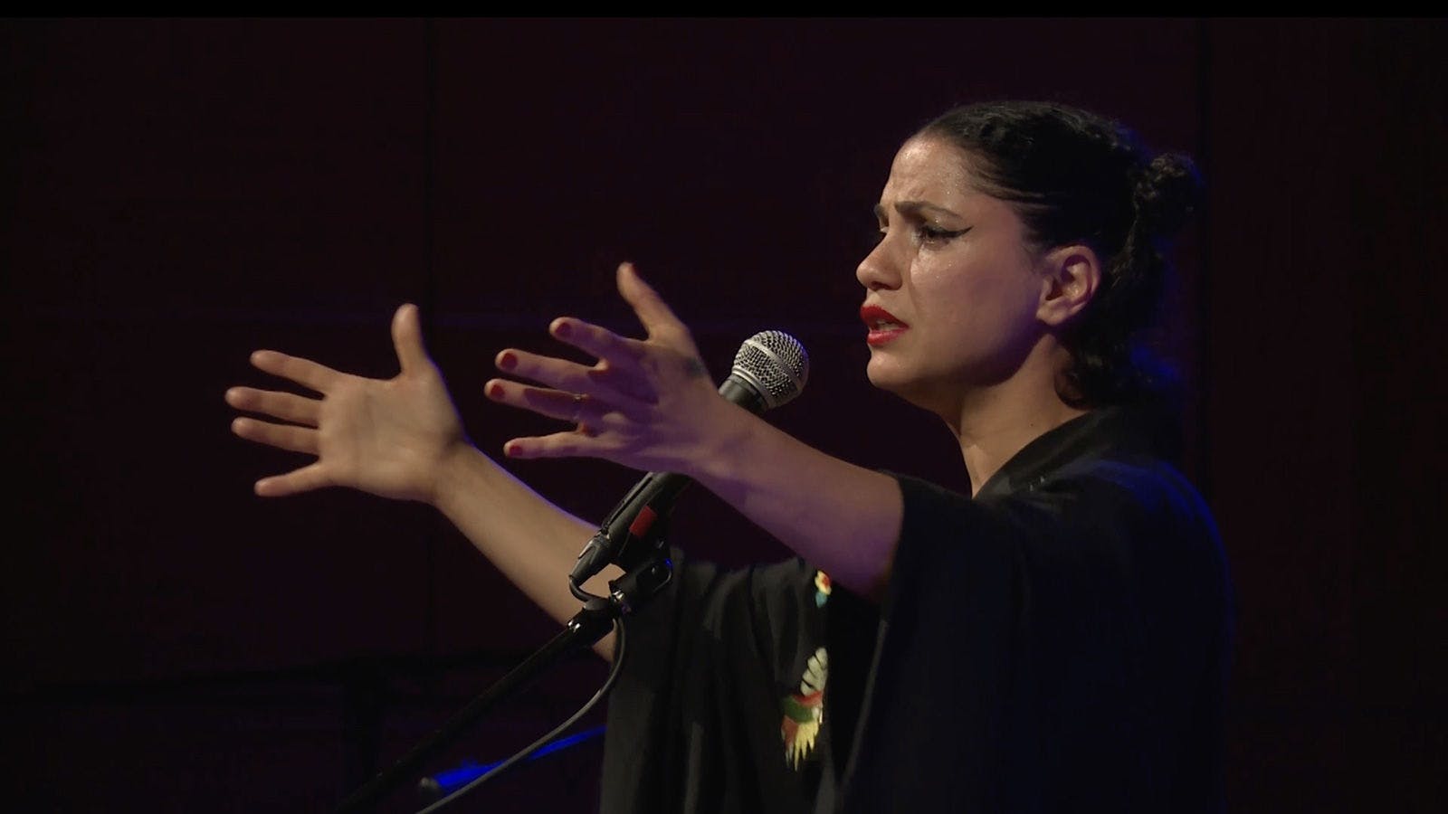 Emel Mathlouthi in performance, standing in front of a microphone with arms outstretched.