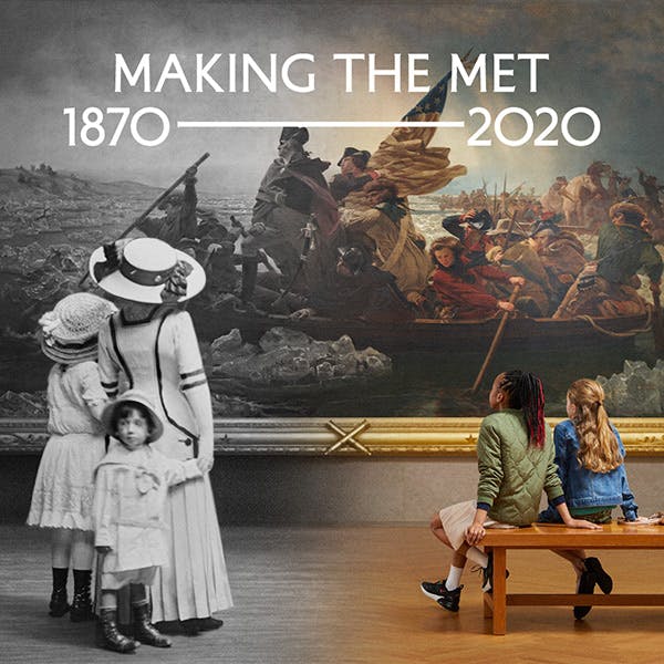 Edited photograph of people looking at a painting in a gallery, one side in black and white, one side in color, with the words "Making The Met 1870-2020" on the top of the image