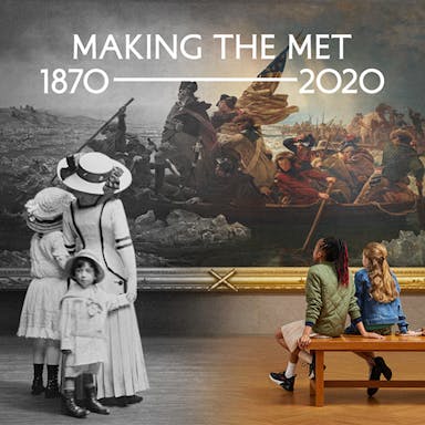 Edited photograph of people looking at a painting in a gallery, one side in black and white, one side in color, with the words "Making The Met 1870-2020" on the top of the image