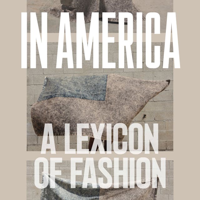 Text reading "In America A Lexicon of Fashion" laid over a series of three photographs, one above the other. In each a person who is hidden except for their legs, holds a flag resembling the American flag in that the upper left quarter is a different color than the remaining three quarters of the flag.
