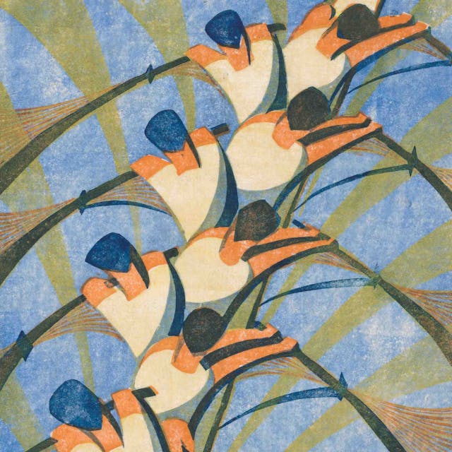 A British linocut of eight rowers on a river.