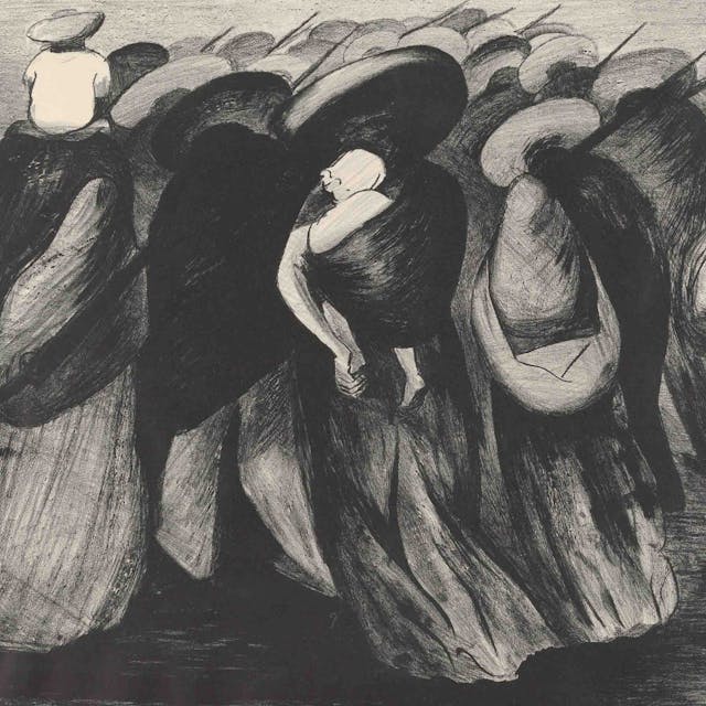 Lithograph by José Clemente Orozco, "On the Road (or 'Rear Guard'): women carrying children and guns"