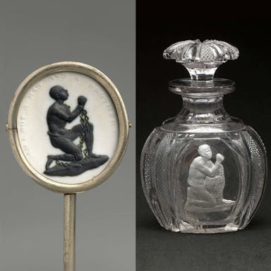Josiah Wedgwood's "Antislavery Medallion" and glass cologne bottle with Encrusted Antislavery Image