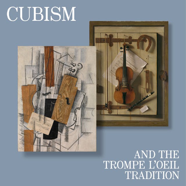 A cubist painting by Georges Braque next to a photorealistic painting by William Michael Harnett, both depicting a violin and sheet music next to the text "Cubism and the Trompe L'Oeil Tradition"