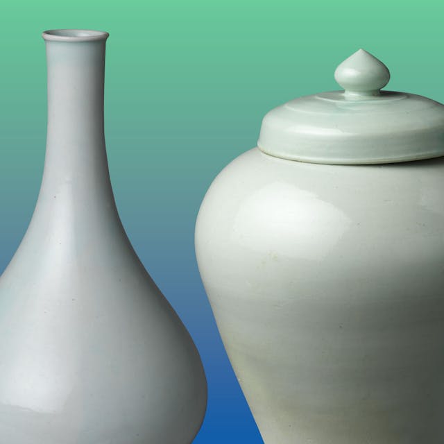 Two white porcelain vessels with clean, unadorned silhouettes appear against a horizontal linear gradient backdrop that transitions from a luminous jade at the top to a cerulean sky blue on the bottom. The bottle vessel on the left has a wide base with a long and narrow tapered neck, while the jar vessel on the right has a tapered base, wide shoulder, and a lid with a bud-shaped knob.