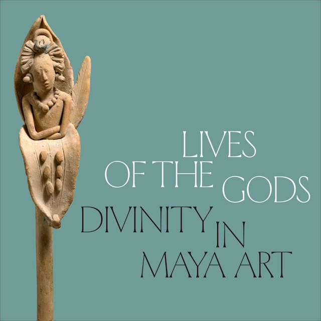Ceramic Maya whistle with the Maize God emerging from a flower with the text "Lives of the Gods: Divinity in Maya Art"