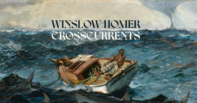 Painting of a dark-skinned man laying down on a damaged rudderless fishing boat holding on to a few stalks of sugarcane and looking out to the right side of the painting. The boat is surrounded by sharks, turbulent waters and a distant waterspout. Over the painting, the text reads, "Winslow Homer Crosscurrents."