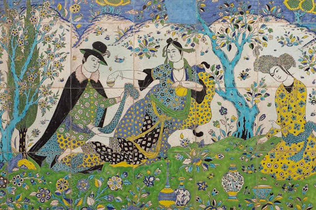 Colorful ceramic tile painting of a woman leaning on a bolster pillow outdoors, holding out a cup towards a merchant on his knees