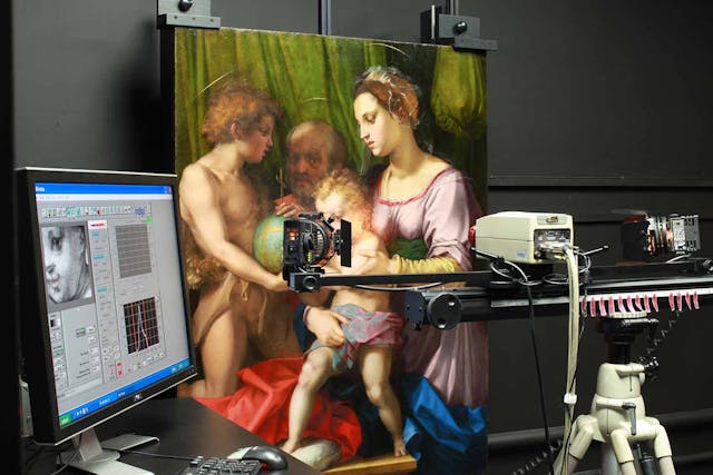 A renaissance painting being analyzed with imaging technology