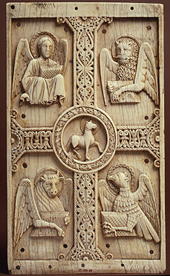 Plaque with Agnus Dei on a Cross between Emblems of the Four Evangelists