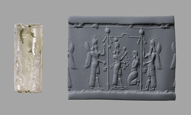 Cylinder seal and modern impression: Ishtar image and a worshipper 
below a canopy flanked by winged genies