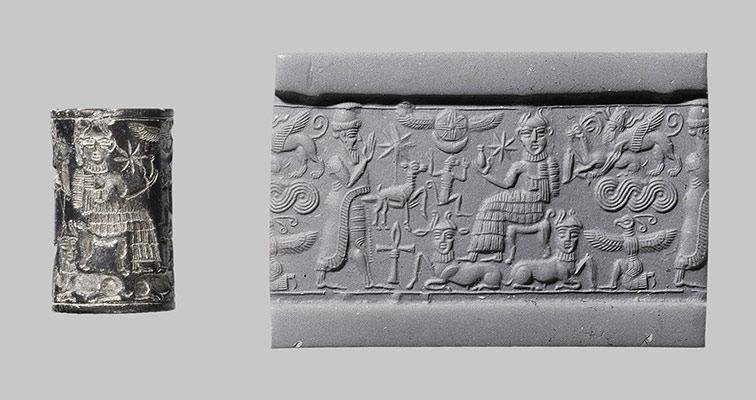 Cylinder seal and modern impression: royal worshiper before a god on a throne; human-headed bulls below