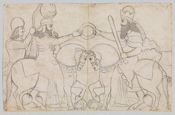 Drawing of Sasanian rock relief: Ardashir I (r. A.D. 224-241) and the Zoroastrian divinity Ahura Mazda at Naqsh-i Rustam, southern Iran
