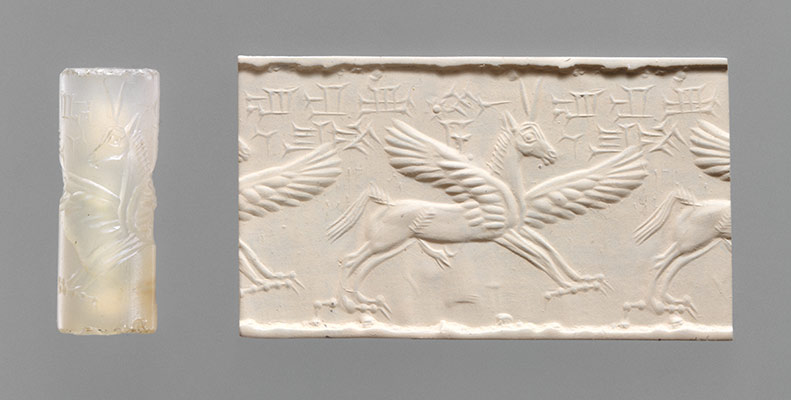 Cylinder seal and modern impression: winged horse with claws and horns