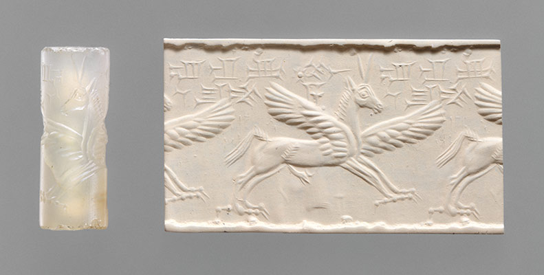 Cylinder seal and modern impression: winged horse with claws and 
horns