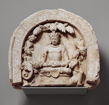 Niche with the Seated Bodhisattva Shakyamuni Flanked by Devotees and an Elephant