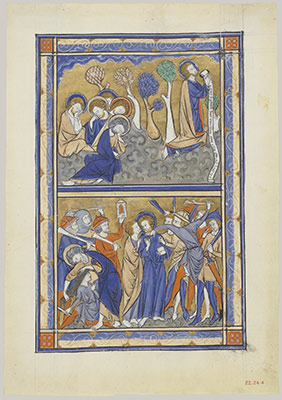 Manuscript Leaf with the Agony in the Garden and Betrayal of Christ, from a Royal Psalter